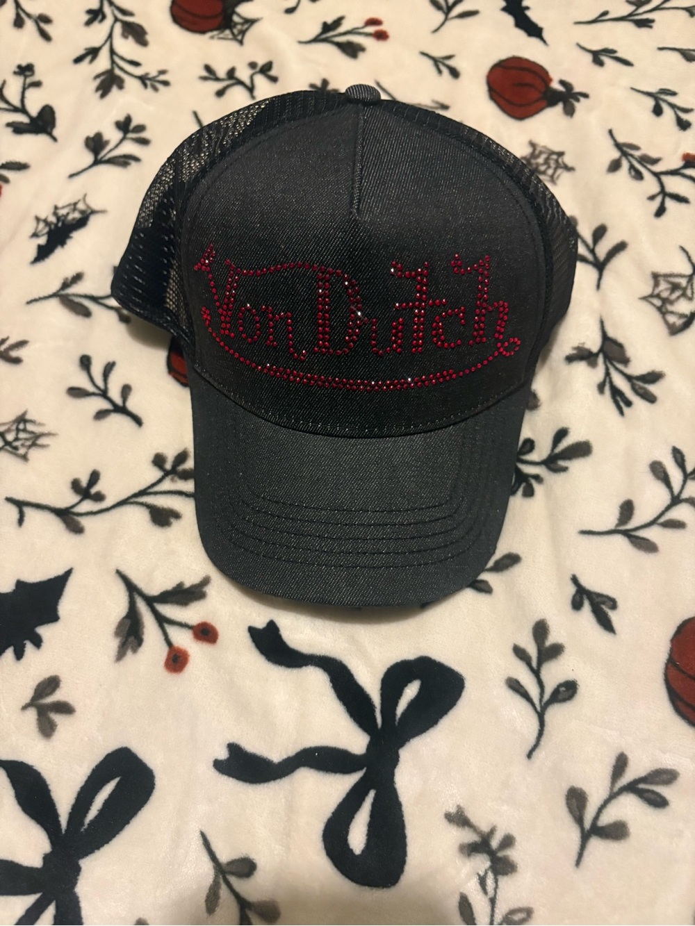 Von Dutch Black Trucker Hat with Red Rhinestone Logo
